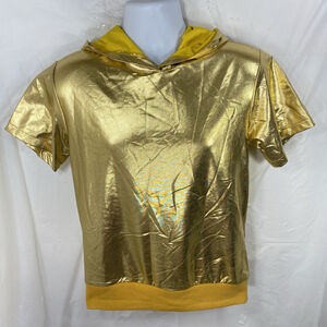 JOGAL Womens Small Short Sleeve Hooded Shirt Shiny Golden Reflective Hoodie NWT
